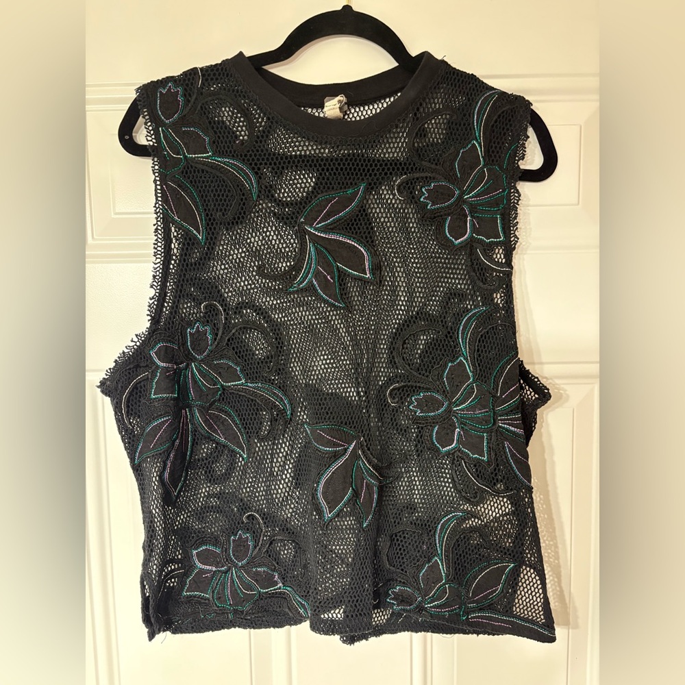 Free People Black Mesh Top with Teal Floral Embroidery